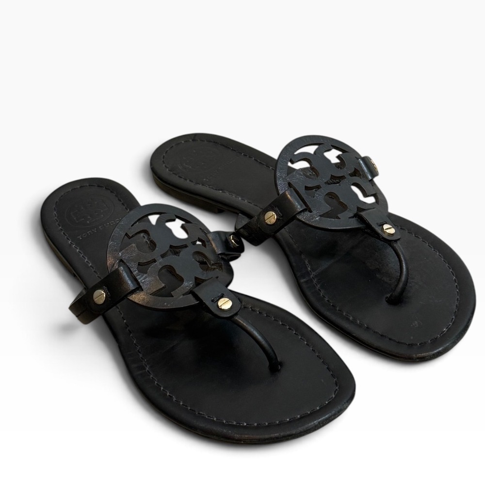 Tory Burch Miller Black Leather Logo Thong Sandals Gold Hardware Shoes Womens 9
